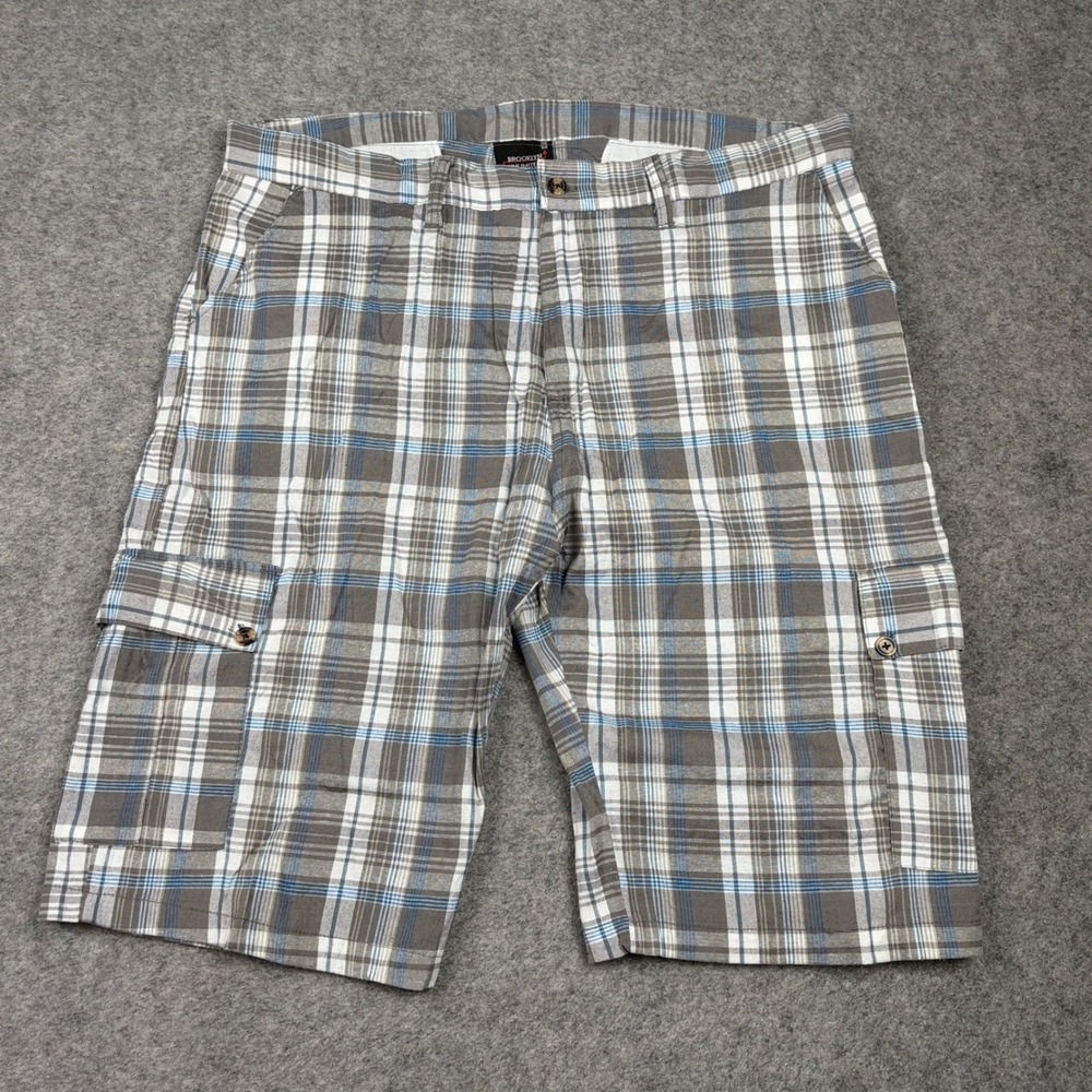 Y2K Brooklyn Unlimited Cargo Shorts Mens 40 Plaid Gray Blue Casual Streetwear